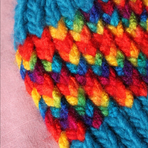 EUC Hand-Crocheted Turquoise/Rainbow Winter Beanie Hat - Picture 3 of 5